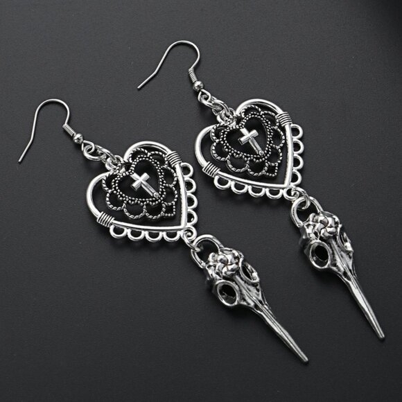Cross Heart Shaped Drop Earrings - Picture 1 of 1